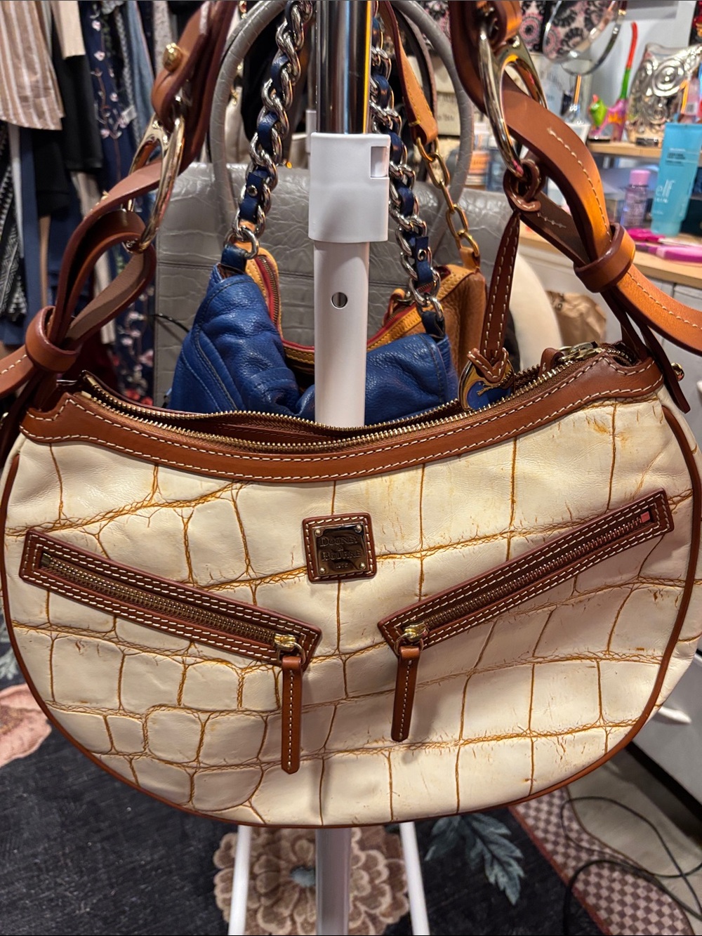 Dooney & Bourke Cream Croc-Embossed Hobo with Brown Trim w/Dust Bag Near Mint